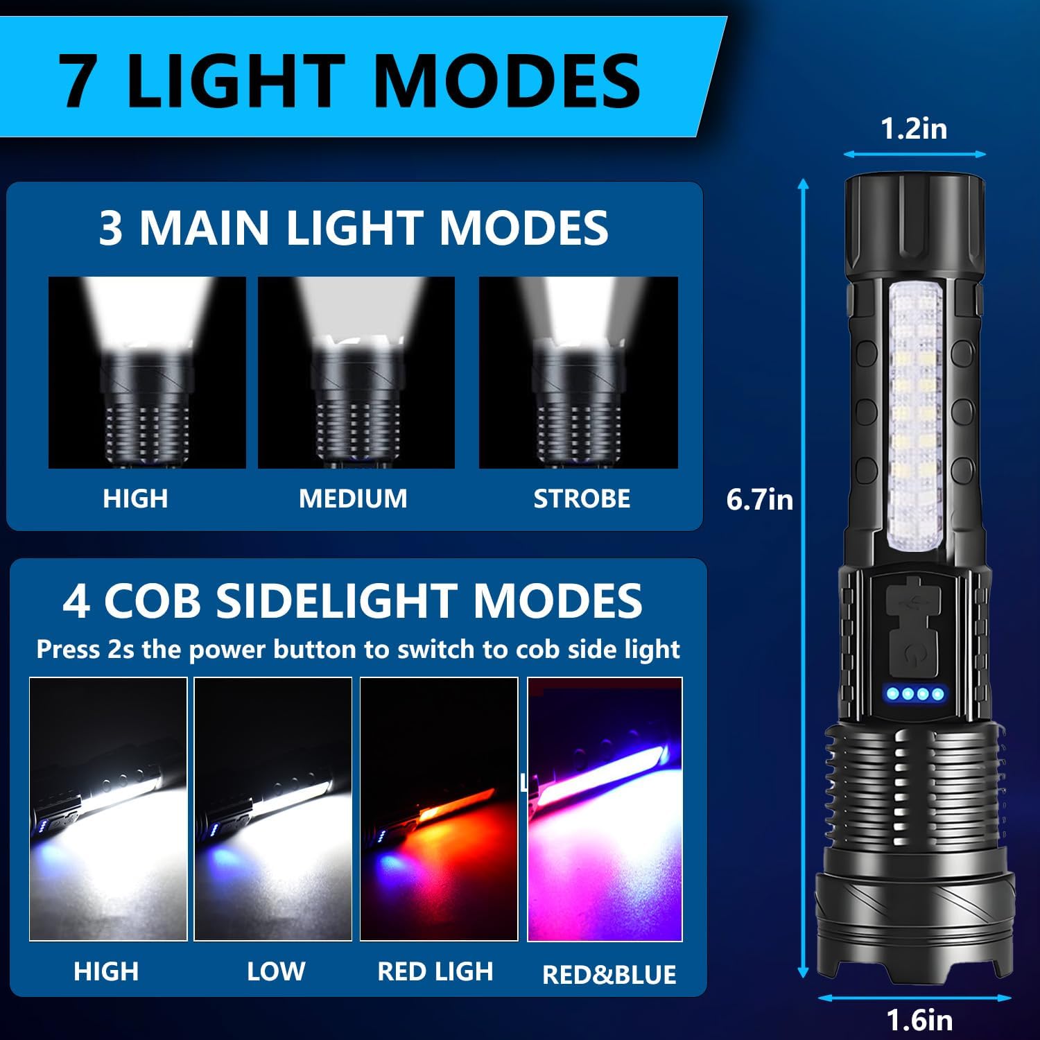 Rechargeable LED Flashlights, 90,000 Lumens Super Bright Flash Light, 7 Modes with COB Work Light, IPX6 Waterproof, Adjustable Tactical Powerful Handheld Flash light for Home,Camping and Emergencies