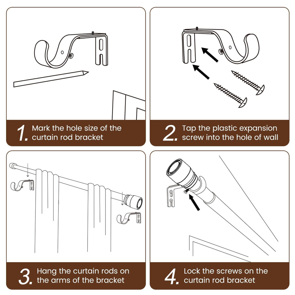 1” Diameter brown curtain rod Itself is 30 to 60 inch. 1 Pack Fits 30-54 inch Windows with Heavy Duty Adjustable brown curtain rods Splicing Metal Extra Long Curtain Rod