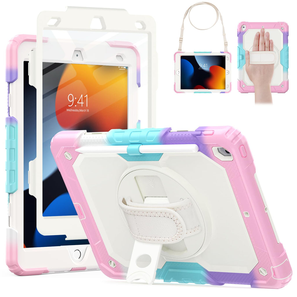 HXCASEAC Case for iPad 9th/8th/7th Generation 10.2 inch, with Pencil Holder, Screen Protector, Hand Strap, Heavy Duty Protective for iPad 9/8/7 Case 10.2-inch 2021/2020/2019, Orange