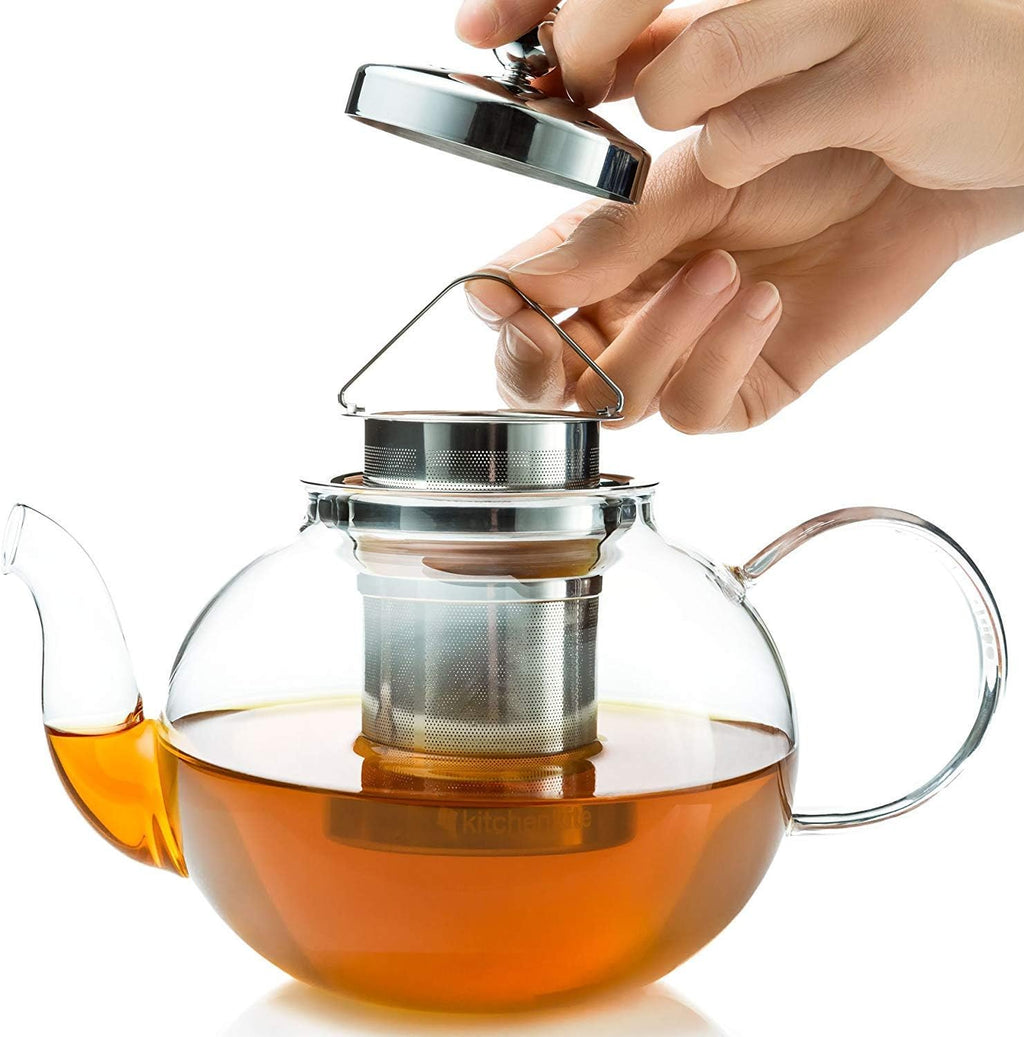 Kitchen Kite Glass Teapot Set with 4 Double Wall Tea Cups & Removable Stainless Steel Infuser, 35oz/1000ml Borosilicate Tea Kettle Stovetop Safe, Loose Leaf & Blooming Tea Maker Gift Set for Women