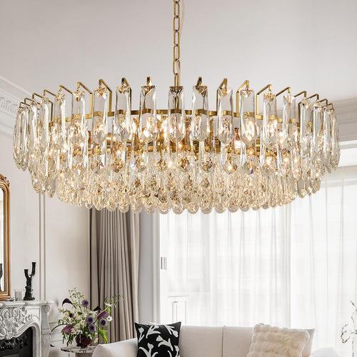 23.6" Modern Crystal Chandelier with Grey Crystal Gold 3-Tier Luxury Pendant Light 12-Light Ceiling Pendant Lighting for Dinning Room Living Room Foyer