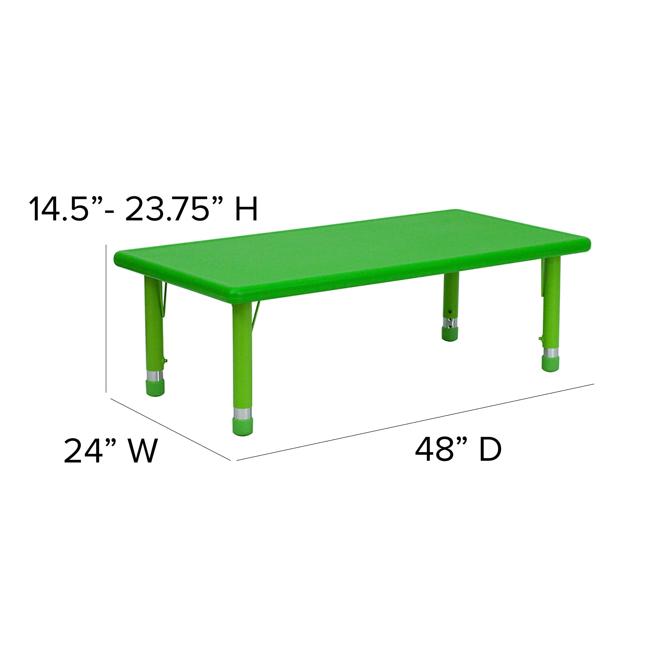 Flash Furniture Emmy 24''W x 48''L Rectangular Green Plastic Height Adjustable Activity Table Set with 6 Chairs