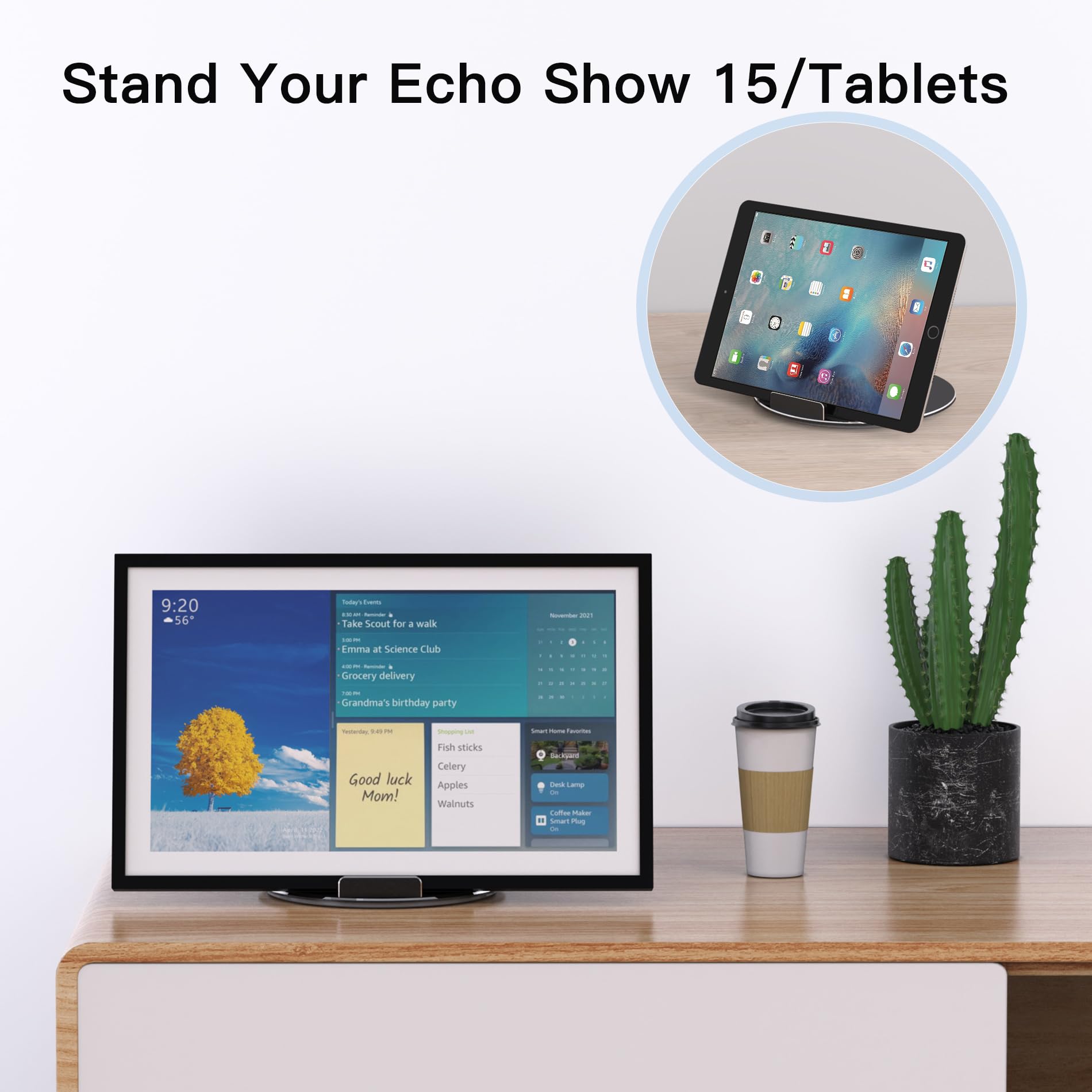 Almoz Swivel and Tilt Stand for Echo Show 15, Aluminum Stand for Show 15.6" Smart Display and Up to 18" iPad/Tablets, with 360 Degree Rotating Base, Viewing Angle Adjustable, No Need Mounting