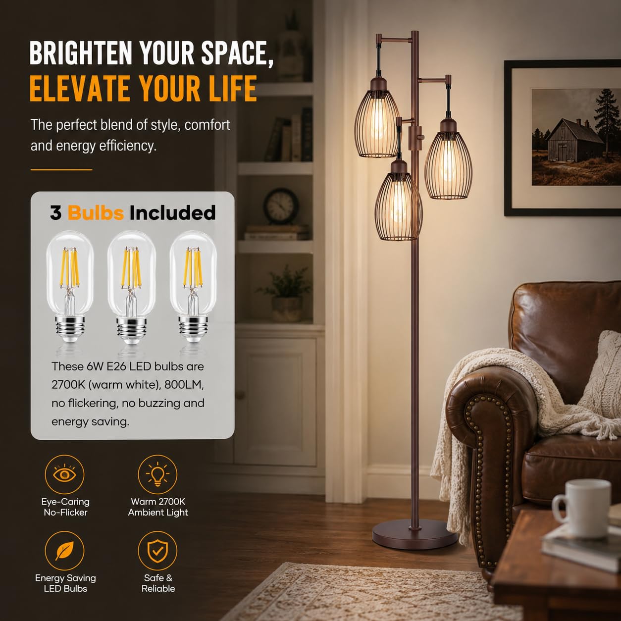 Dimmable Floor Lamp, 3 x 800LM LED Edison Bulbs Included, Farmhouse Industrial Floor Lamp Standing Tree Lamp with Elegant Teardrop Cage Tall Lamps for Living Room Bedroom Office Dining Room-Brass