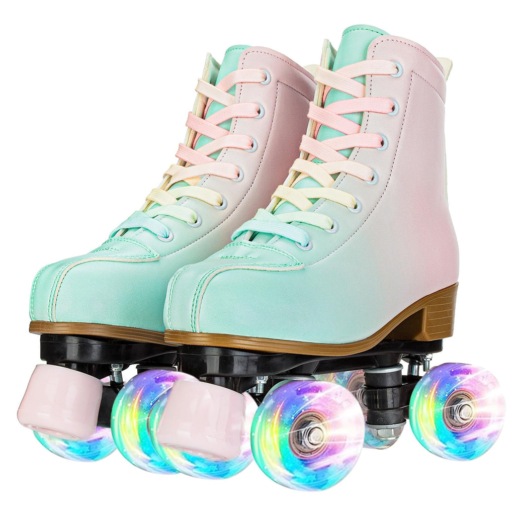 YYW Roller Skates for Girls and Women, Fantastic Gradient Pink and Green PU Leather Light Up Kids Youth Roller Skates, Indoor Outdoor