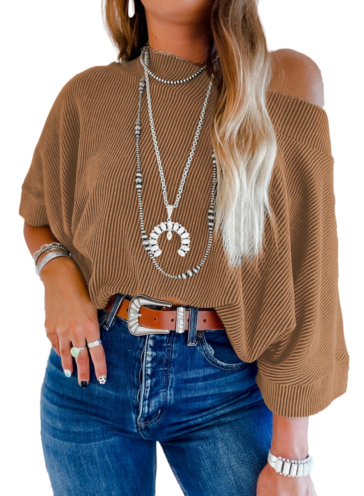 EVALESS Sexy Off The Shoulder Tops for Women 3/4 Length Sleeve Womens Tops Spring Summer 2026 Boat Neck One Shoulder Shirts