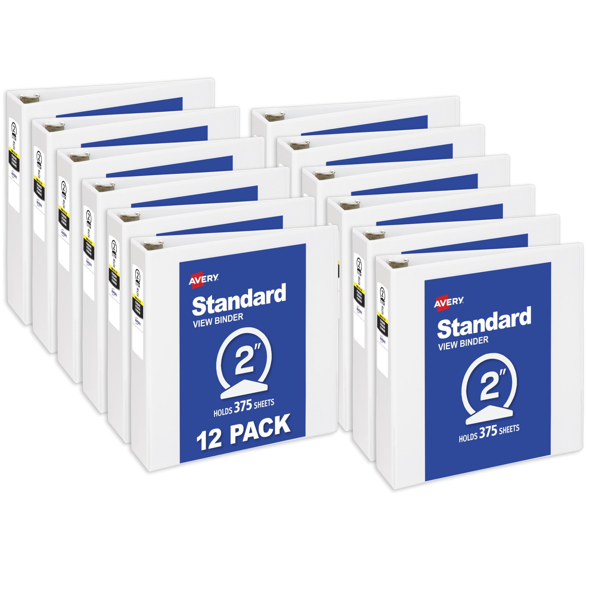 Avery Standard View 3 Ring Binders, 0.5" Round Rings, 100-Sheet Capacity, 0.7 Inch Wide Spine, White Binders, Ideal for Lightweight Organization and Occasional Referencing (12-Pack of 05706)