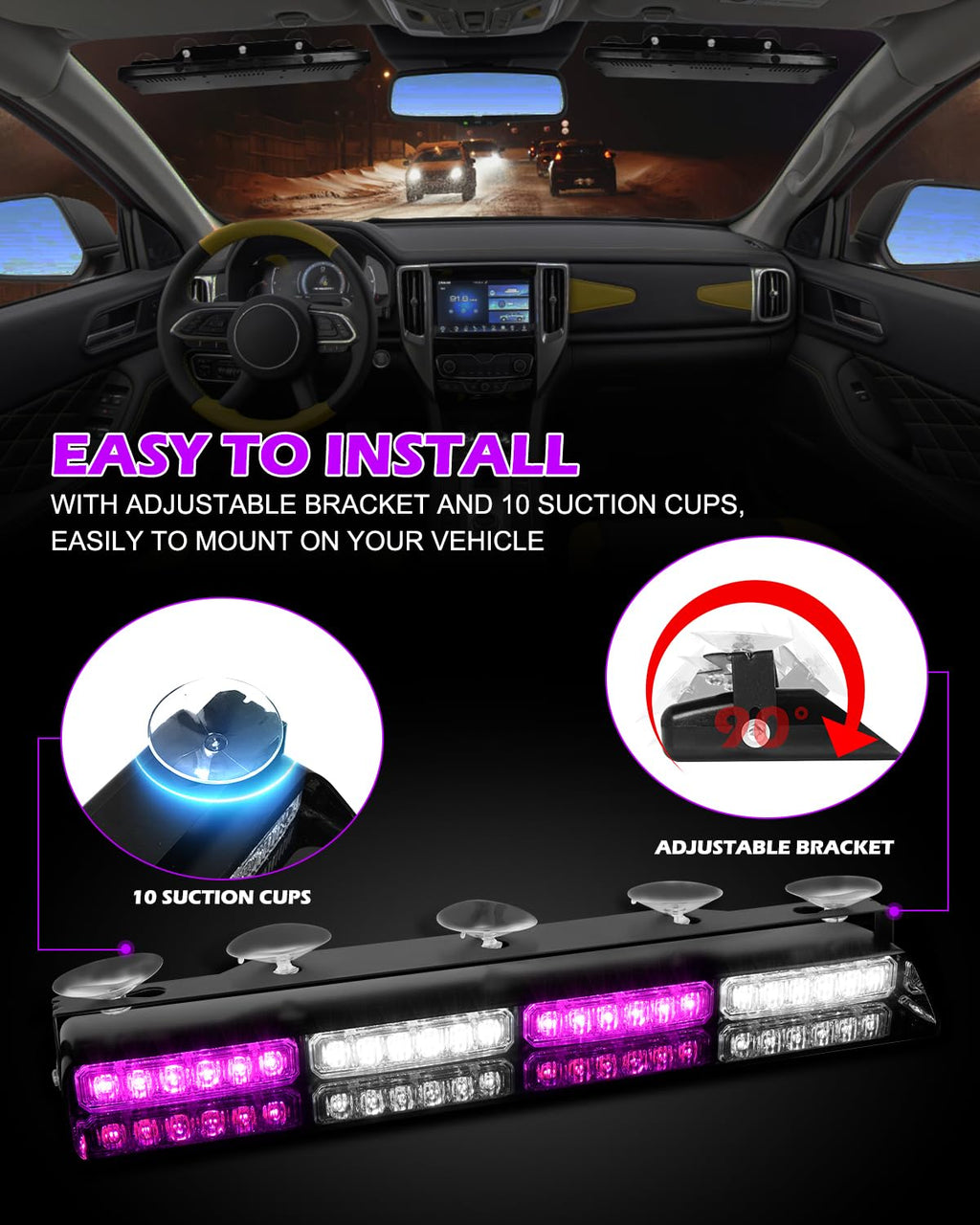 HLauto 604N Emergency Dash Strobe Lights: 2x16.8 inch Amber White Security Light w/Take Down, 48 LED Safety Flashing Warning Hazard Interior Windshield Light Bar for Truck Vehicle