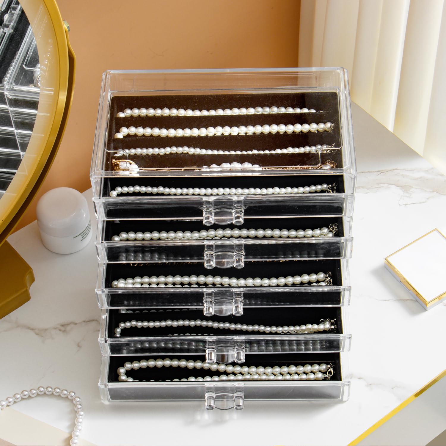 YUFONG Necklace Holder Organizer, Dustproof Necklace Box Velvet Necklace Organizer Box with Lid Clear Acrylic Dustproof Stackable Jewelry Displays for Necklaces Chain Display (Beige, 3 Drawer)