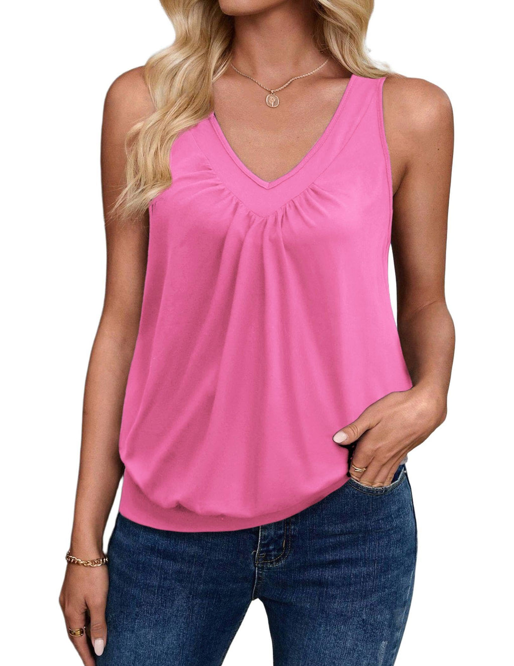 Zeagoo Womens Tank Tops Loose Fit V Neck Ruched Sleeveless Tops Casual Basic Banded Shirts S-XXL