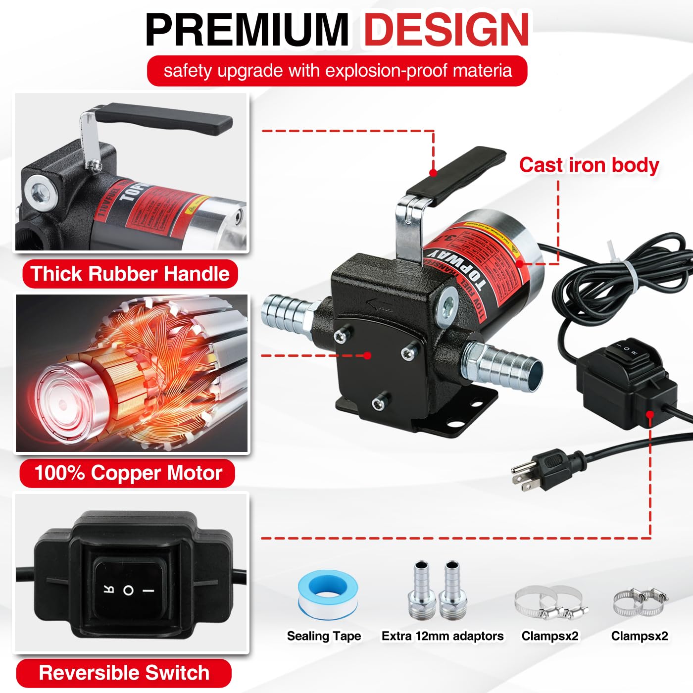 TOPWAY 12V DC Gasoline Fuel Pump 3.7GPM Self-priming Oil Transfer Pump With Handle, Reversible Pumping, Overheat Protection, Explosion-Proof, Built-in Bypass, for Gasoline Fuel Diesel Kerosene Removal
