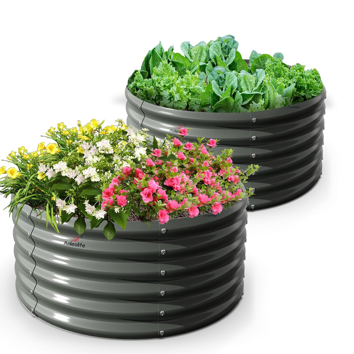 A ANLEOLIFE 2-Pack 3ft x 24” Tall Galvanized Raised Garden Beds Outdoor, Round Metal Planter Box for Planting Vegetables Flowers Herb, Anti-Rust & Easy-Setup, Quartz Grey
