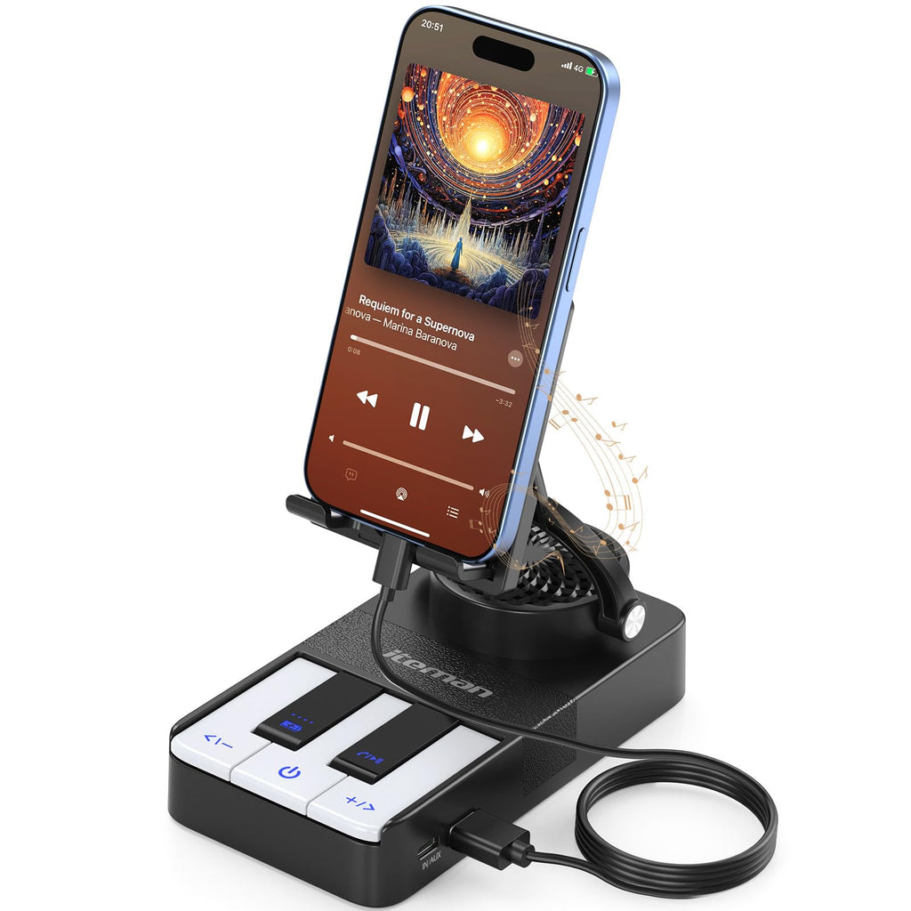 JTEMAN Cell Phone Stand with Bluetooth Speaker and Charging Stand,Piano Keys Design,Music Lovers & Teacher Gifts,Birthday Gifts for Men Women Dad Mom,Cool Tech Gadgets-Black