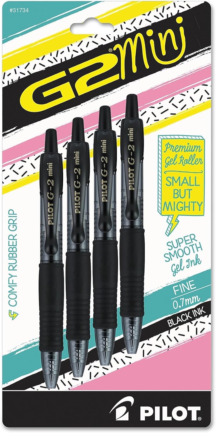 Pilot G2 Mini Gel Pen, Retractable, Fine 0.7 Mm, Black Ink, Black Barrel, 4/pack