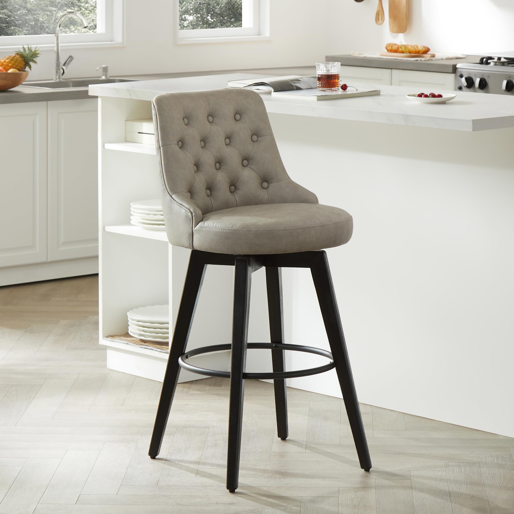 Watson & Whitely Counter Height Bar Stools, Performance Fabric Upholstered Modern Swivel Barstool with Back, Solid Wood Legs, 26" H Seat, Flint Grey