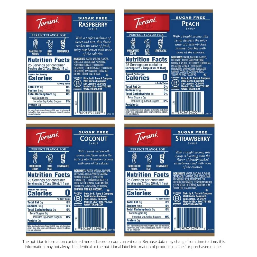 Torani Sugar Free Flavored Drink Syrup Coffee Favorites Variety Pack, Caramel, Peanut Butter Cup, Vanilla & Brown Sugar Cinnamon, 25.4 fl oz (Set of 4)