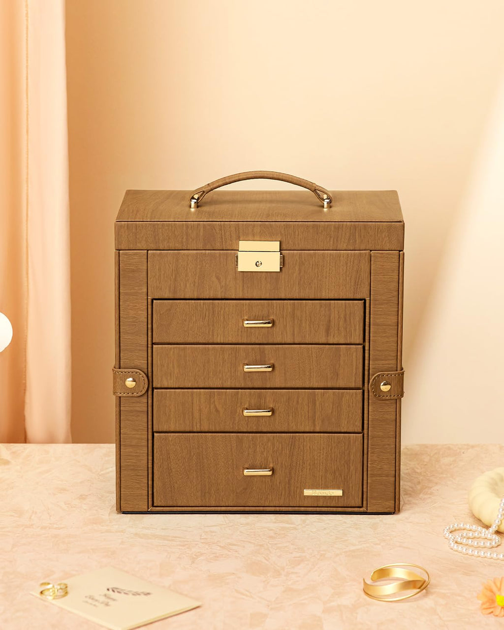 Homde Mothers Day Gifts Synthetic Leather Huge Jewelry Box Mirrored Watch Organizer Necklace Ring Earring Storage Lockable Gift Case (Black + Gold)