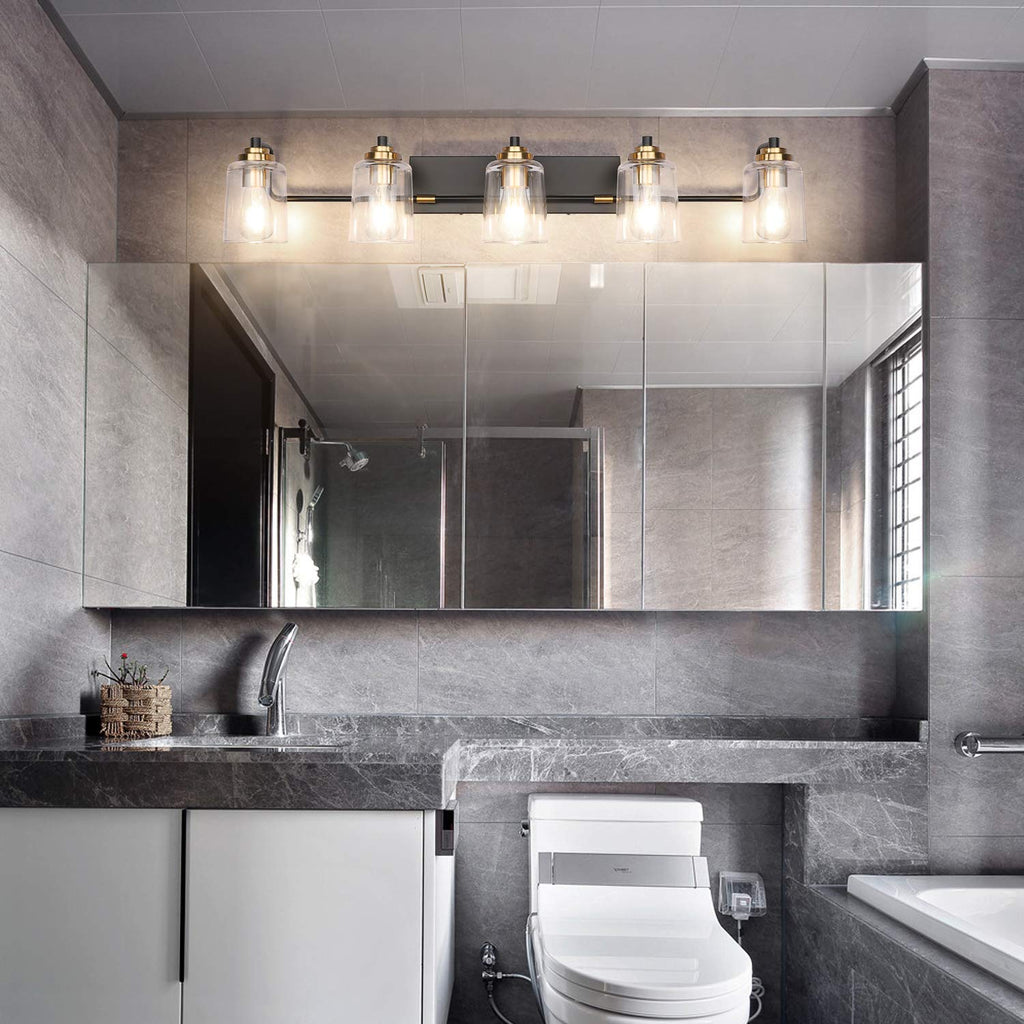 SOLFART 20.1 Inch Black Vintage Bathroom Vanity Light Fixtures Fixtures with Modern Glass Globe Shade Metal Brass Wall Lamp 2 Lights