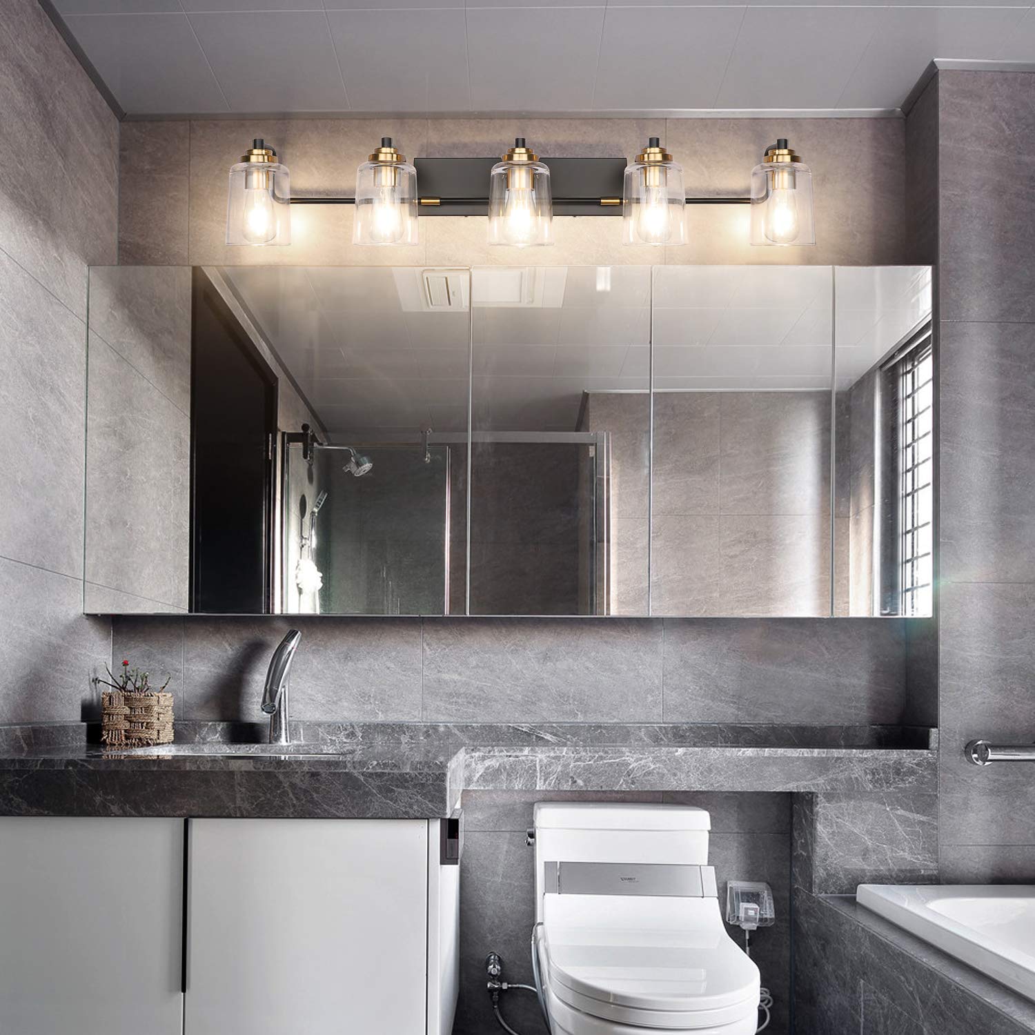SOLFART 20.1 Inch Black Vintage Bathroom Vanity Light Fixtures Fixtures with Modern Glass Globe Shade Metal Brass Wall Lamp 2 Lights