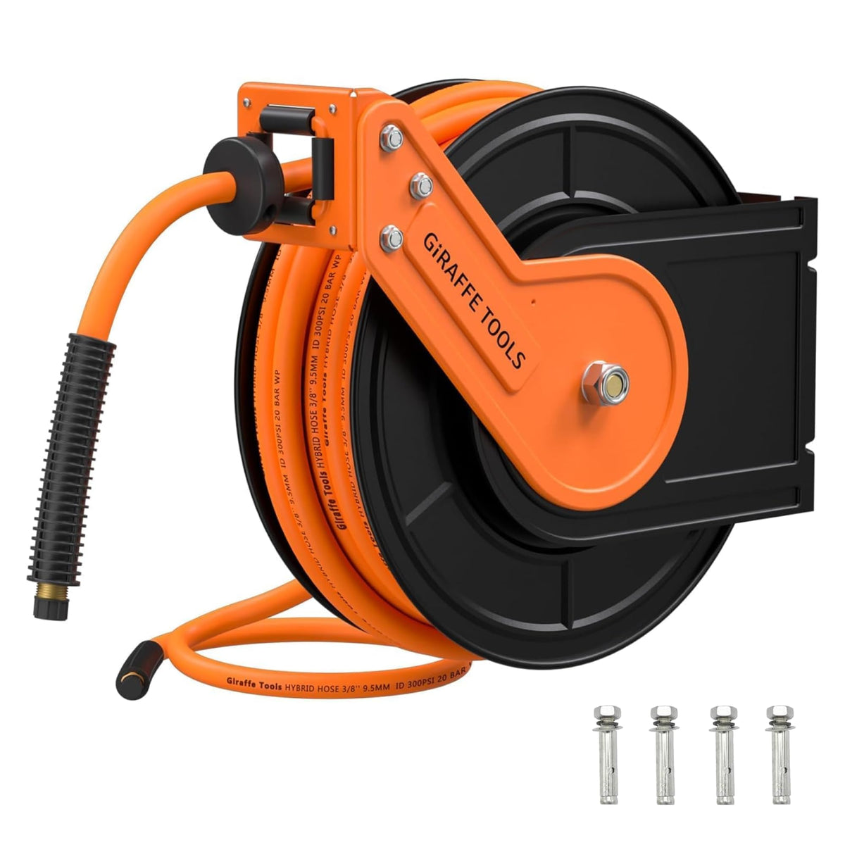 Giraffe Tools Retractable Air Hose Reel, 3/8" Hybrid Hose, Air Compressor Heavy Duty Steel Reel Auto Rewind 300PSI, Wall Mount, 25ft
