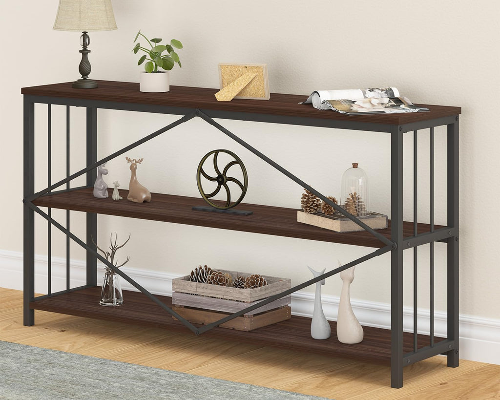 LVB Black Console Table, Modern Entryway Table for Hallway Living Room, Industrial Sofa Table Behind Couch, Farmhouse Wooden Metal Entry Table for Foyer with 3-Tier Storage Shelves, Black Oak, 55 Inch