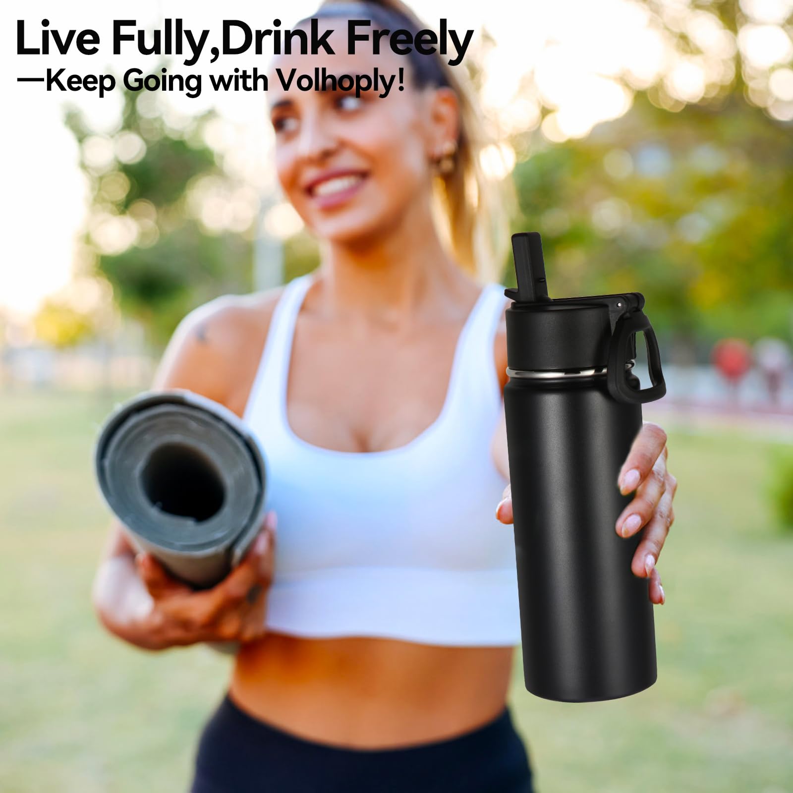 Volhoply Kids Insulated Water Bottle with Straw,16oz Stainless Steel Cold Water Bottles for School,BPA-Free Metal Wide Mouth Cups with Handle Lid,Reusable Double Wall Vacuum Sport Flask(Black,1)
