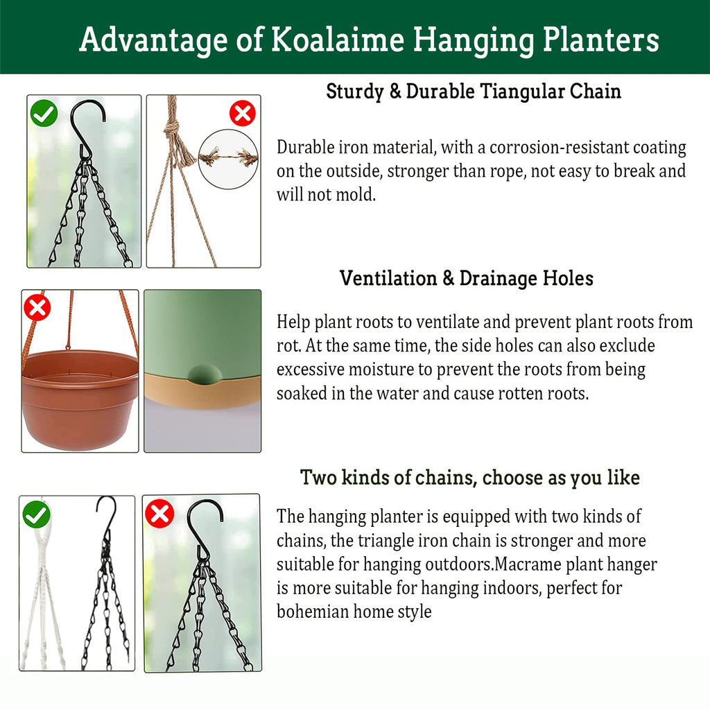 Koalaime Hanging Planter Self Watering 10 Inch, 2 Pack Indoor Outdoor Hanging Baskets, Hanging Flower Pots with Drainage Hole & 2 Kinds of Plant Hangers for Garden Home Decor(Green)…