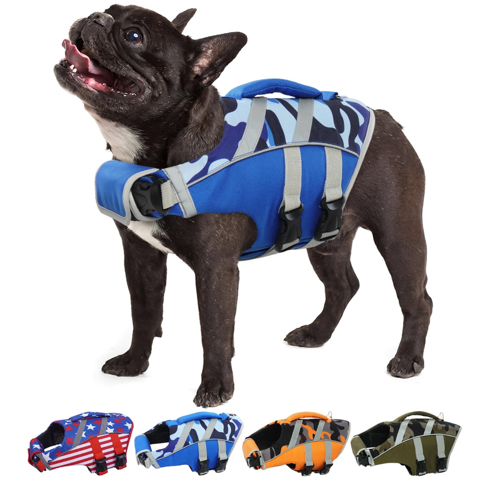 Kuoser Dog Life Jacket with Reflective Stripes, Dog Life Vest for Swimming Boating, Adjustable Pet Lifejackets with High Flotation, Doggie Swimsuit for Small Medium Large Dogs