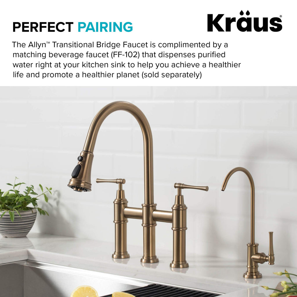 KRAUS Allyn Transitional Bridge Kitchen Faucet with Pull-Down Sprayhead in Brushed Gold, KPF-3121BG