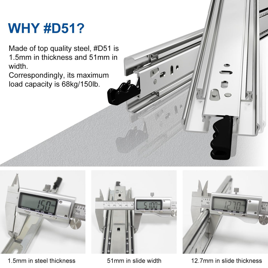 VADANIA 12" Heavy Duty Drawer Slide with Lock #D51, 150lb Load Capacity, 3-Fold Full Extension, Ball Bearing Lock-in & Lock-Out, Side Mount, 1-Pair