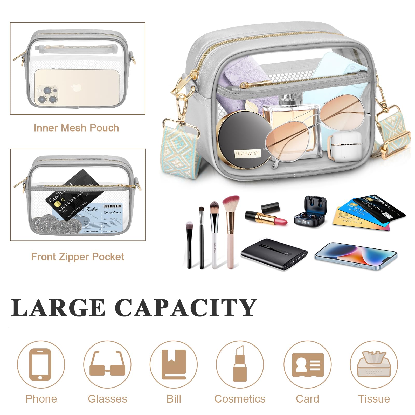 KETIEE Clear Crossbody Bag, Stadium Approved Clear Purse Bag for Concerts Sports Events Festivals