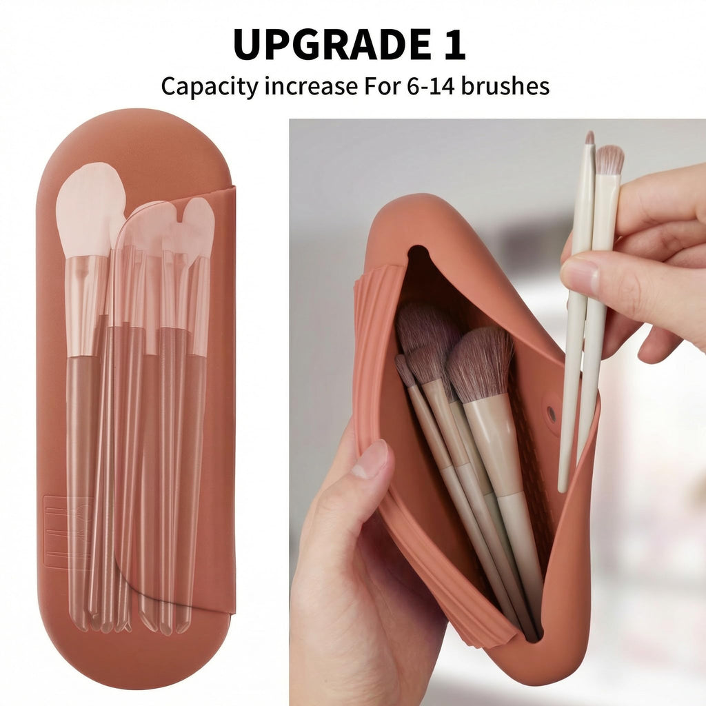 AGIKET Silicone Makeup Brush Holder Travel Cosmetic Bag：Soft Portable Cosmetic Face Brushes Holder with Upgrade Anti-Fall Out Magnetic Closure, Large Travel Makeup Brush Case - Walnut