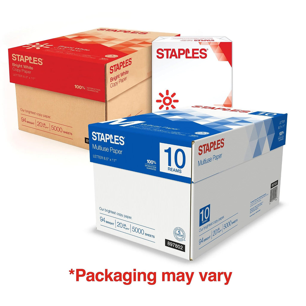 Staples Multiuse Copy Paper, 20 Lb, 94 Bright, 8 1/2" x 11", White, 3-Ream Case, For Office, School & Home