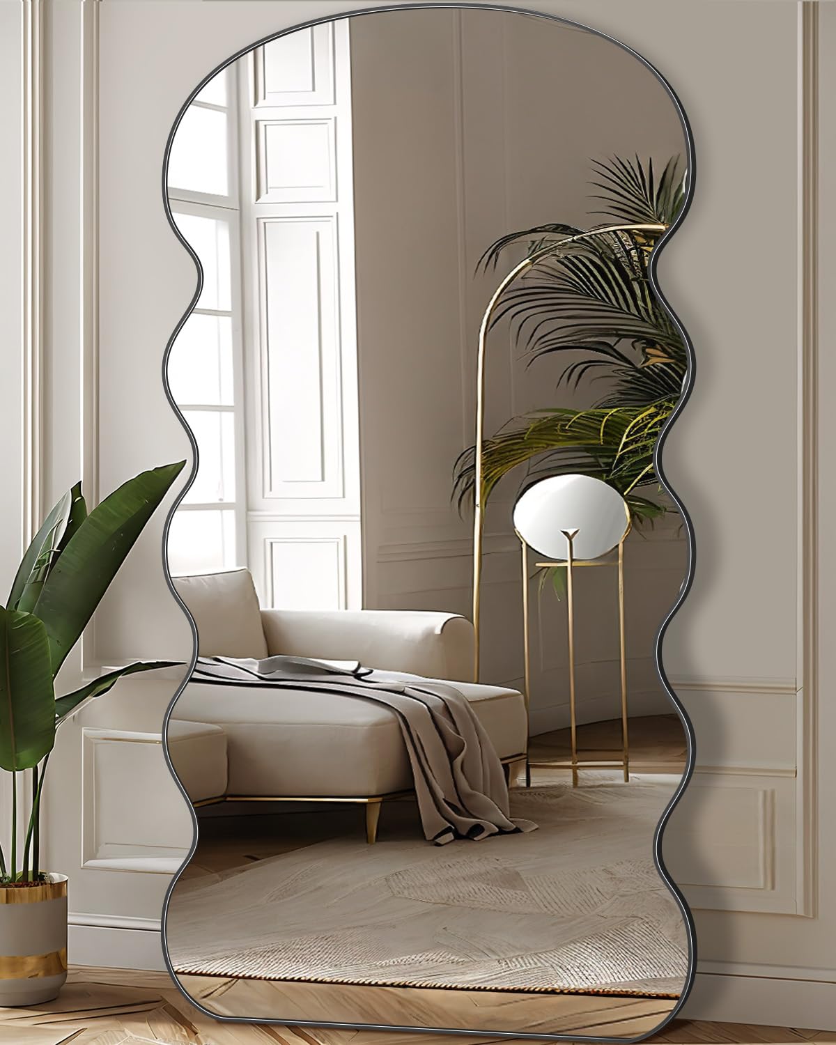Full Length Mirror, 76"x34" Wavy Floor Mirror Freestanding, Floor Standing Full Body Mirror with Stand for Bedroom, Hanging Mounted for Living Room Cloakroom, Black