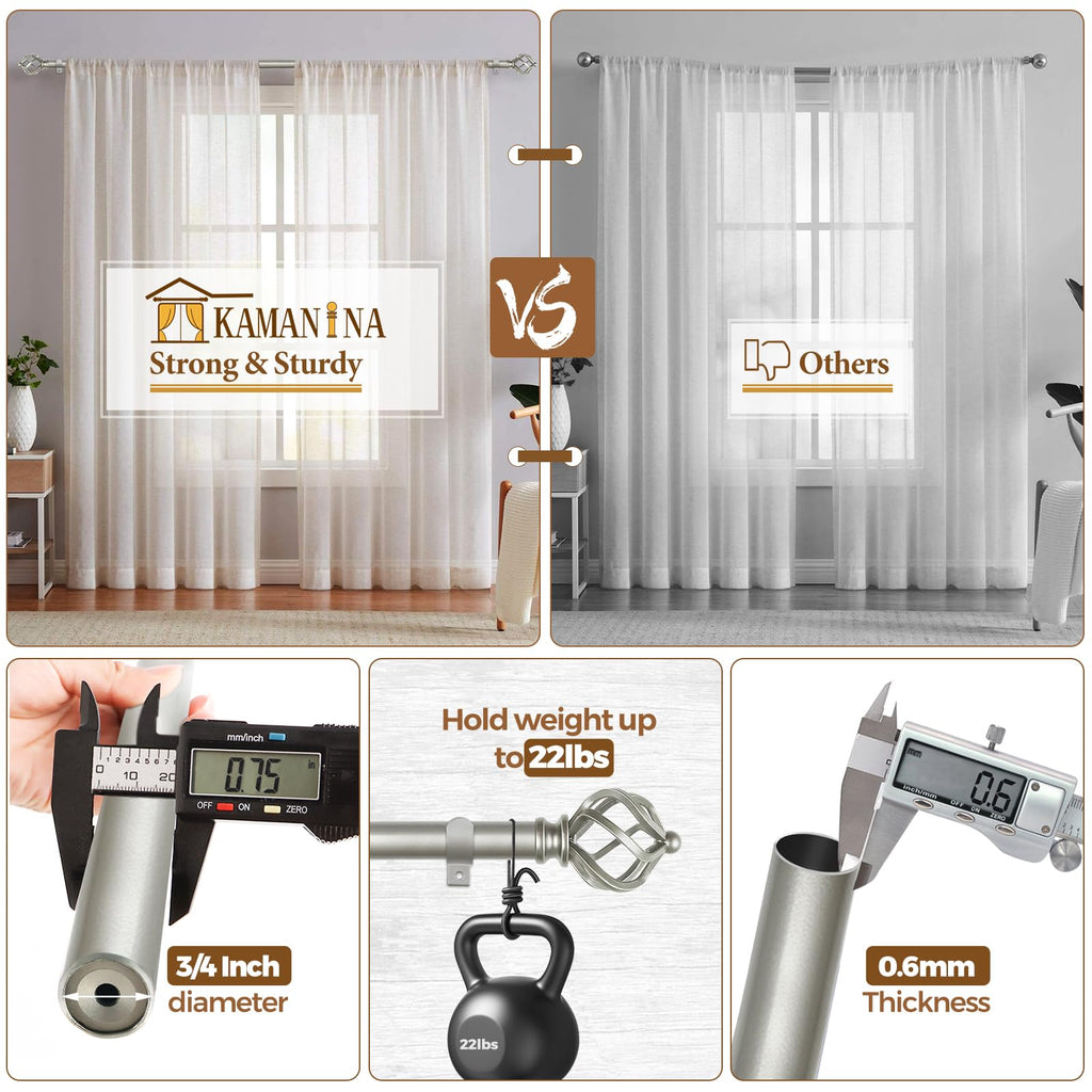 KAMANINA Silver Curtain Rod 32 to 58 Inch(2.6-4.8ft), Adjustable Curtain Rods for Windows 28 to 48 Inch, 3/4 Inch Splicing Drapery Rods with Twisted Cage Finial