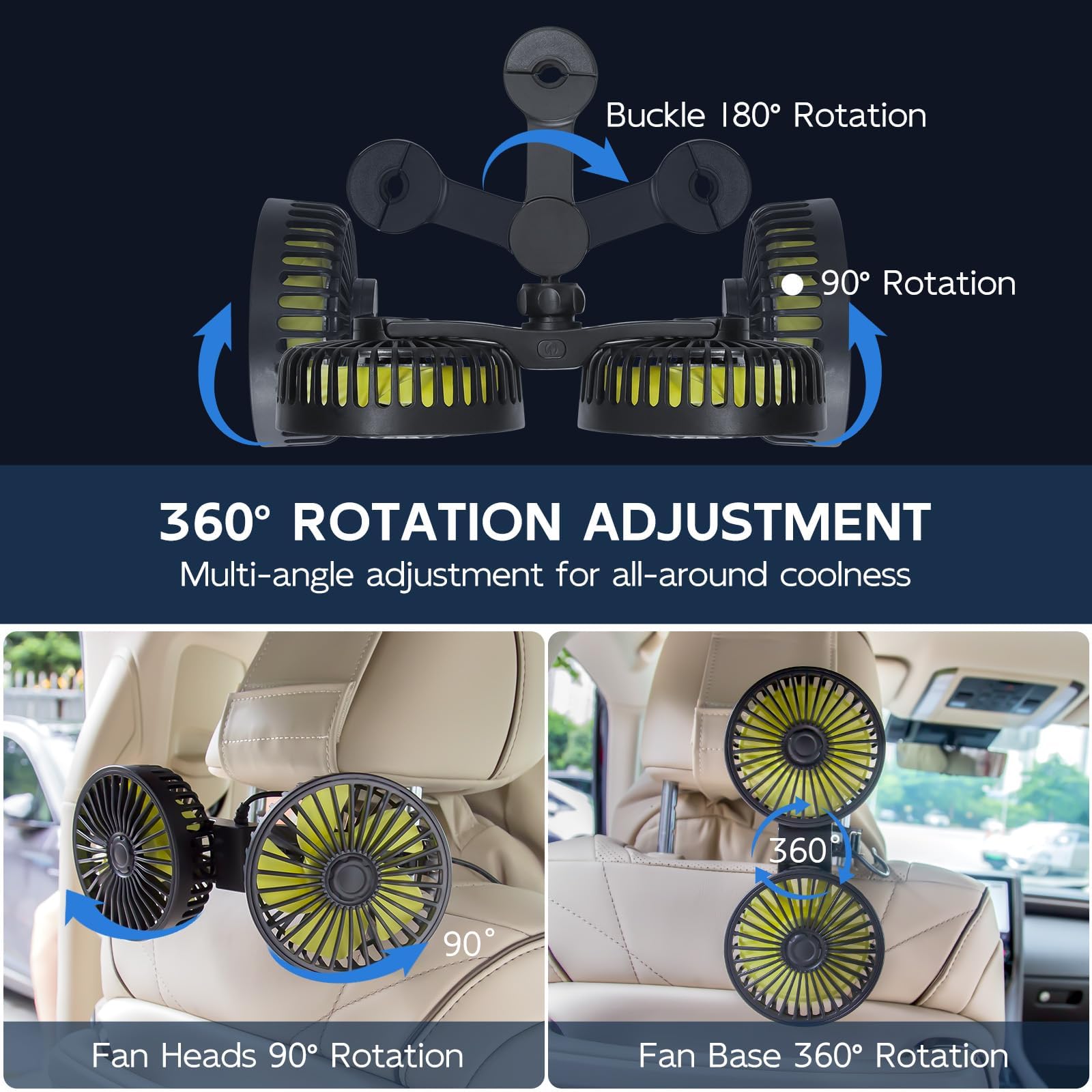 XOOL Clip Car Fan, 9 Inches 12V/24V Fan, 360° Rotatable Electric Cooling Clip on Fan with Stepless Speed Regulation for SUV, RV, Truck