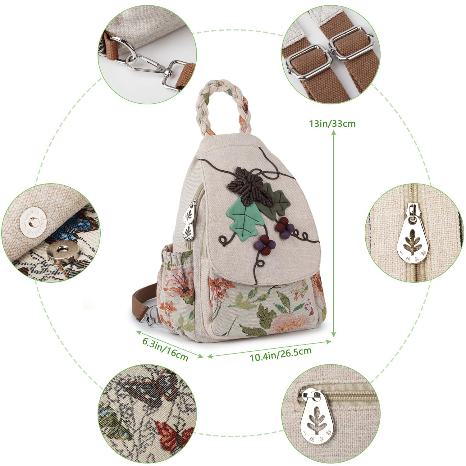 Ladys Convertible Sling Bag, Hand Craft Artisan Purse, Girls Beautiful Canvas Premium Casual Day Mini Backpack for Women (Flower Bee)