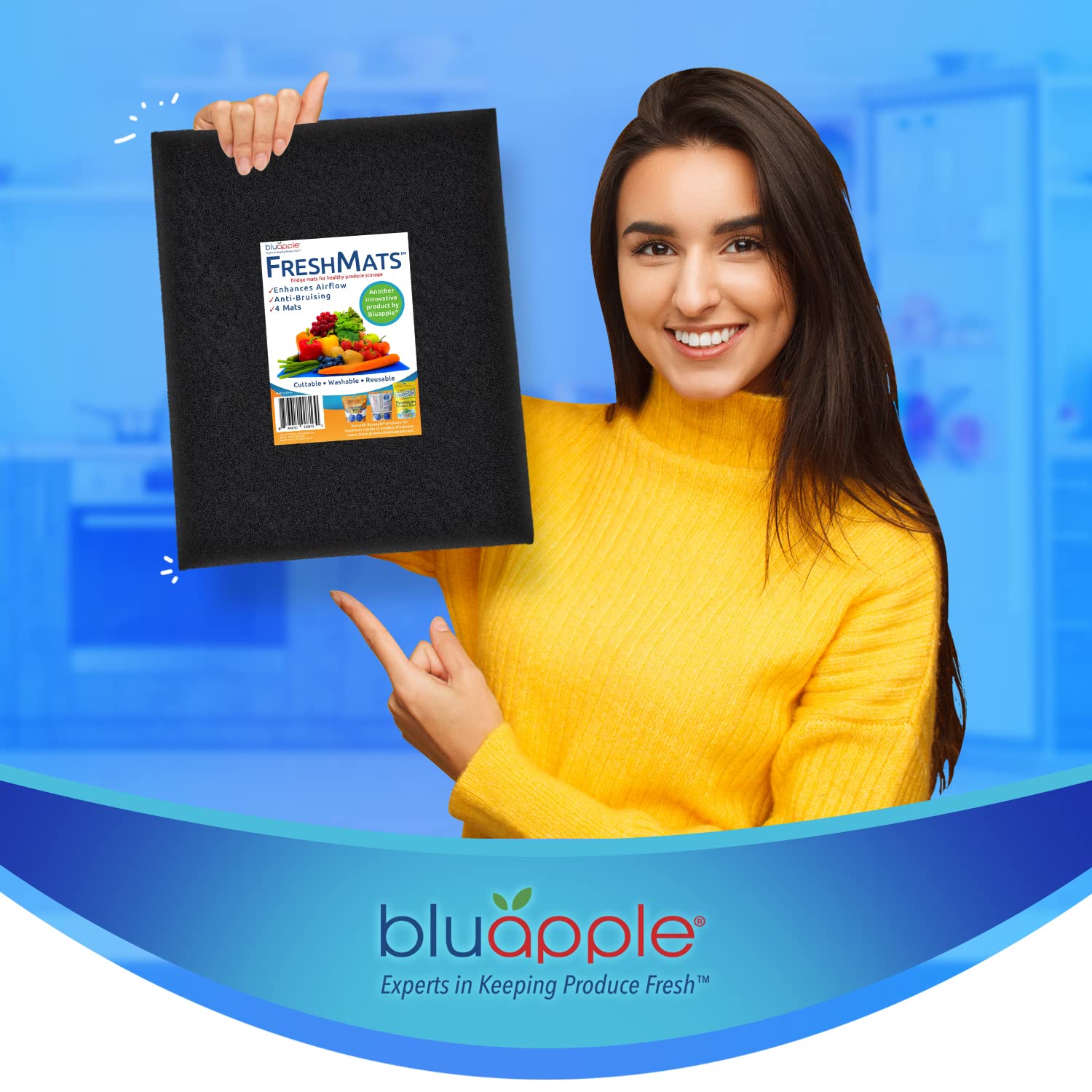Bluapple FreshMats, Refrigerator Bin Liner, Fridge Drawer Mats, Crisper Life Extender Liner Keeps Produce Fresh Longer, Anti-Bruising, for Air Circulation, Washable & Reusable (4-Mats, 12x15, Black)