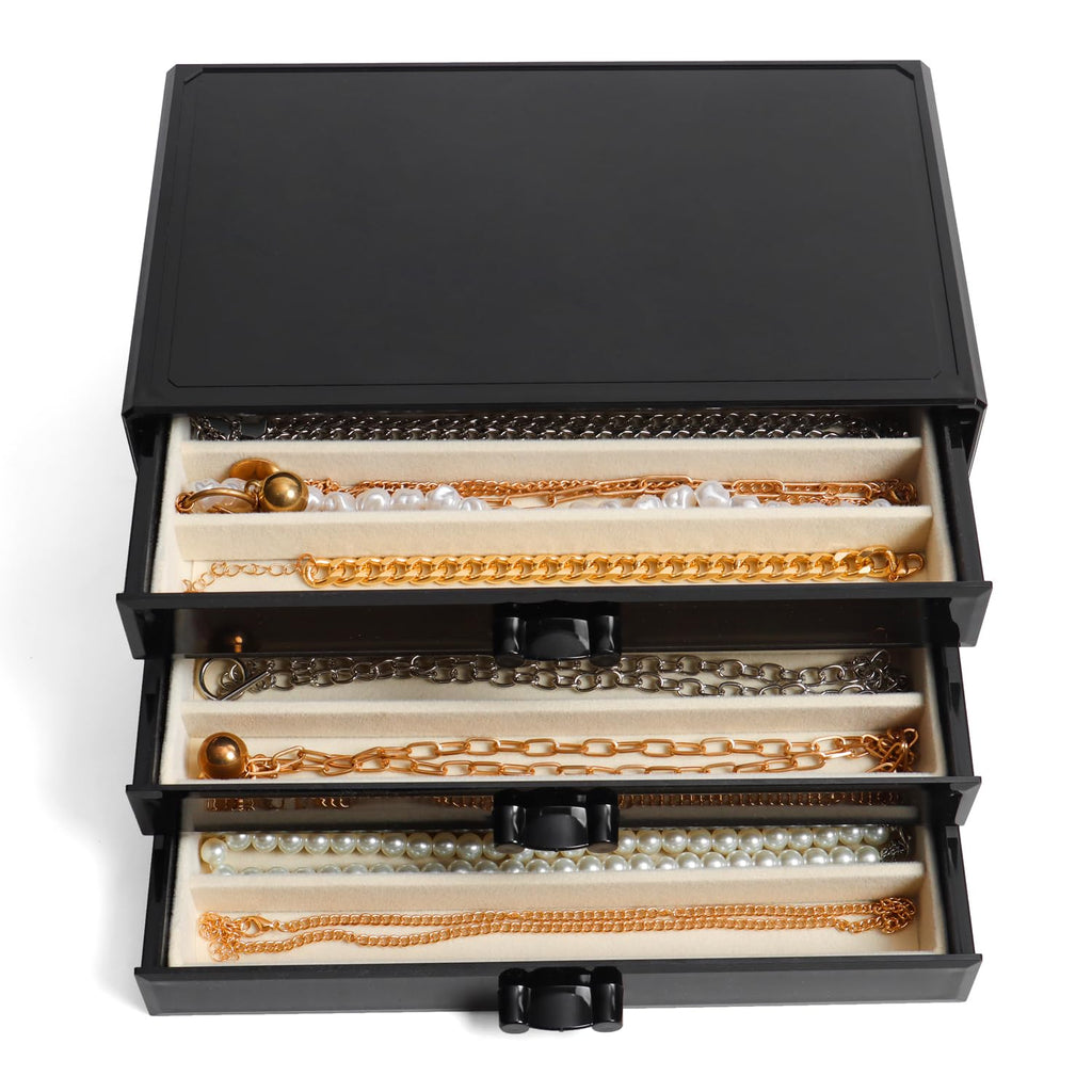 YUFONG Necklace Holder Organizer, Dustproof Necklace Box Velvet Necklace Organizer Box with Lid Clear Acrylic Dustproof Stackable Jewelry Displays for Necklaces Chain Display (Beige, 3 Drawer)