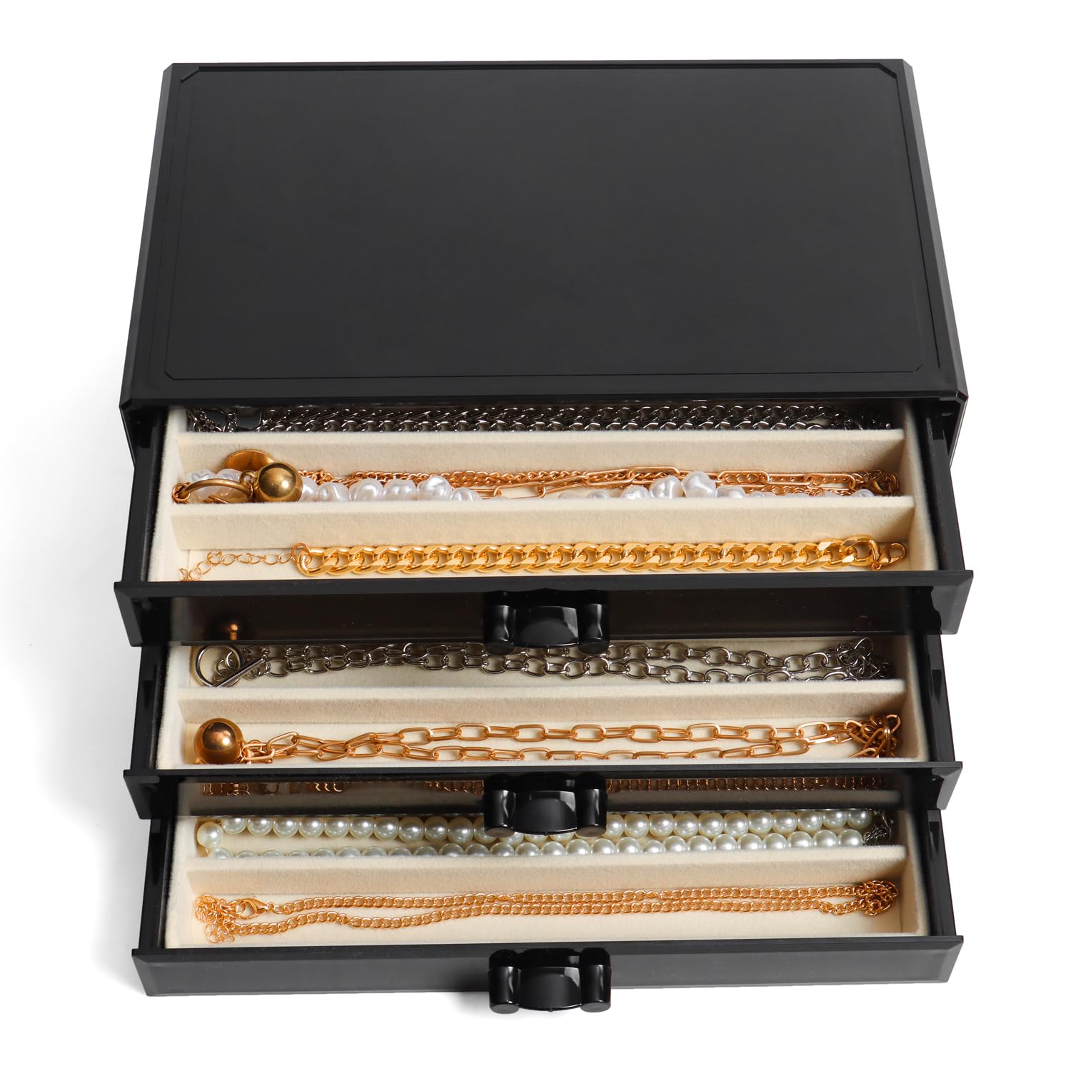 YUFONG Necklace Holder Organizer, Dustproof Necklace Box Velvet Necklace Organizer Box with Lid Clear Acrylic Dustproof Stackable Jewelry Displays for Necklaces Chain Display (Beige, 3 Drawer)