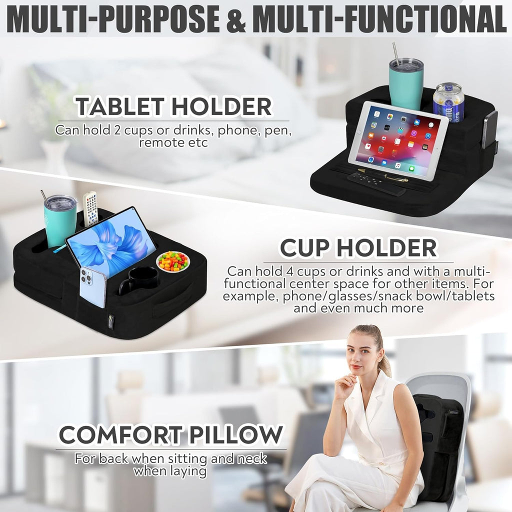 TabCouchCaddy - Couch Cup Holder Tray Pillow - Bed, Couch Caddy, Sofa, RV & Car - Holds Drinks, Snacks, Remotes, Phones, Kindle, Tablet | Bed Cup Holder (Beige)