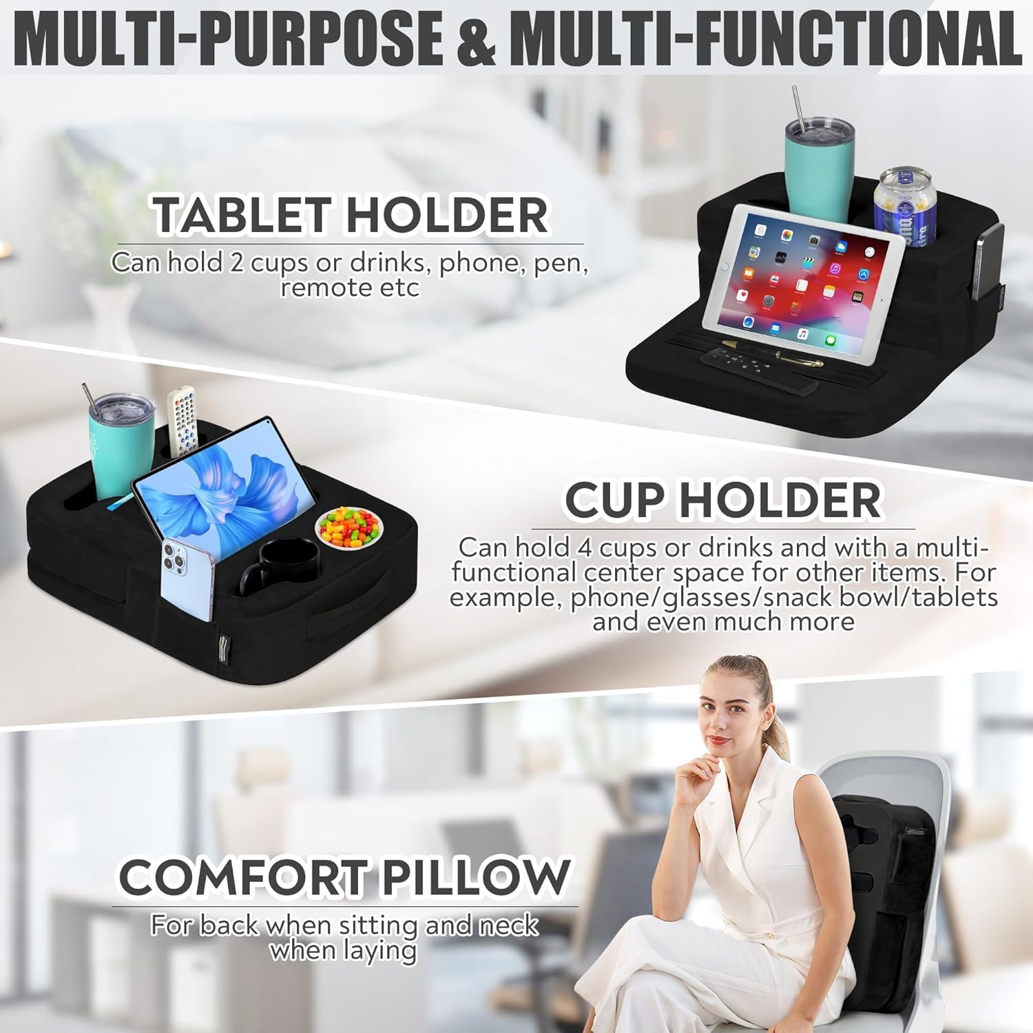 TabCouchCaddy - Couch Cup Holder Tray Pillow - Bed, Couch Caddy, Sofa, RV & Car - Holds Drinks, Snacks, Remotes, Phones, Kindle, Tablet | Bed Cup Holder (Beige)