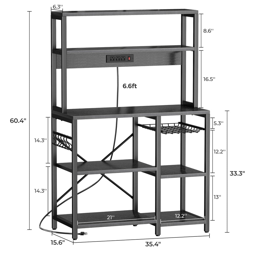 SUPERJARE Bakers Rack with Power Outlet, 35.4 Inches Coffee Bar with Wire Basket, Kitchen Microwave Stand with 6 S-Shaped Hooks, Open Storage Shelves, Black