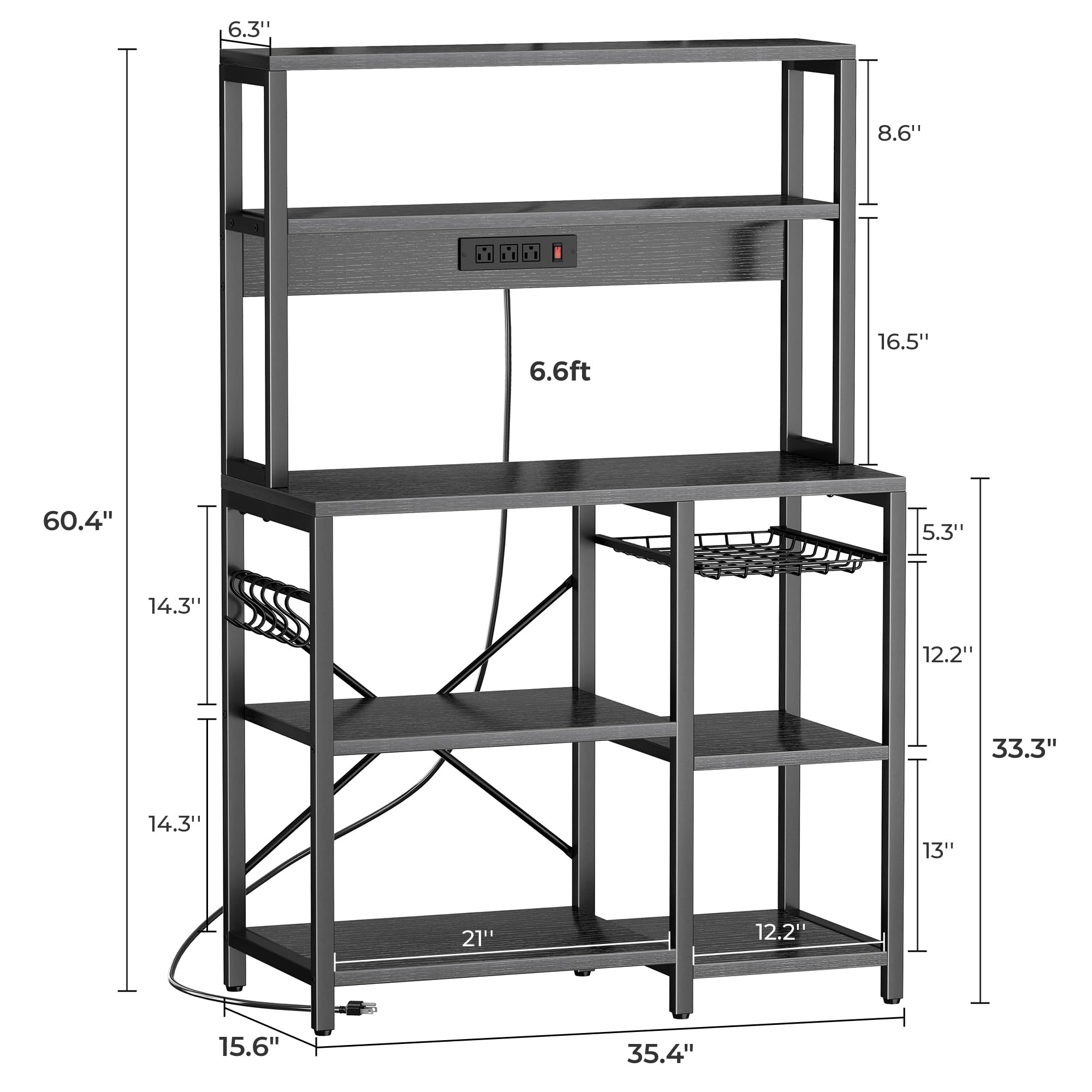 SUPERJARE Bakers Rack with Power Outlet, 35.4 Inches Coffee Bar with Wire Basket, Kitchen Microwave Stand with 6 S-Shaped Hooks, Open Storage Shelves, Black