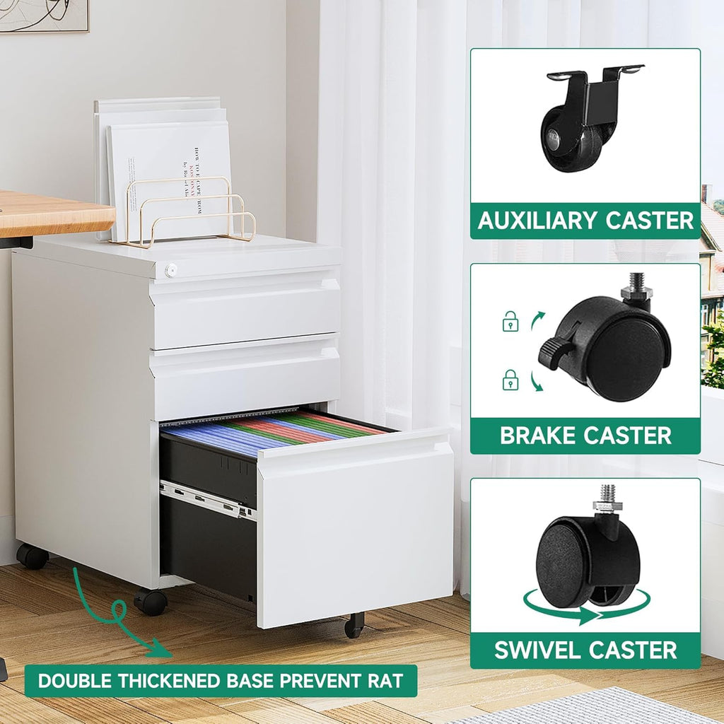 Letaya 3 Drawer Mobile File Cabinet with Lock,Under Desk Metal Small Filing Cabinets for Home Office Organizer Letters/Legal/A4(Fully Assembled Except Wheels-Black)