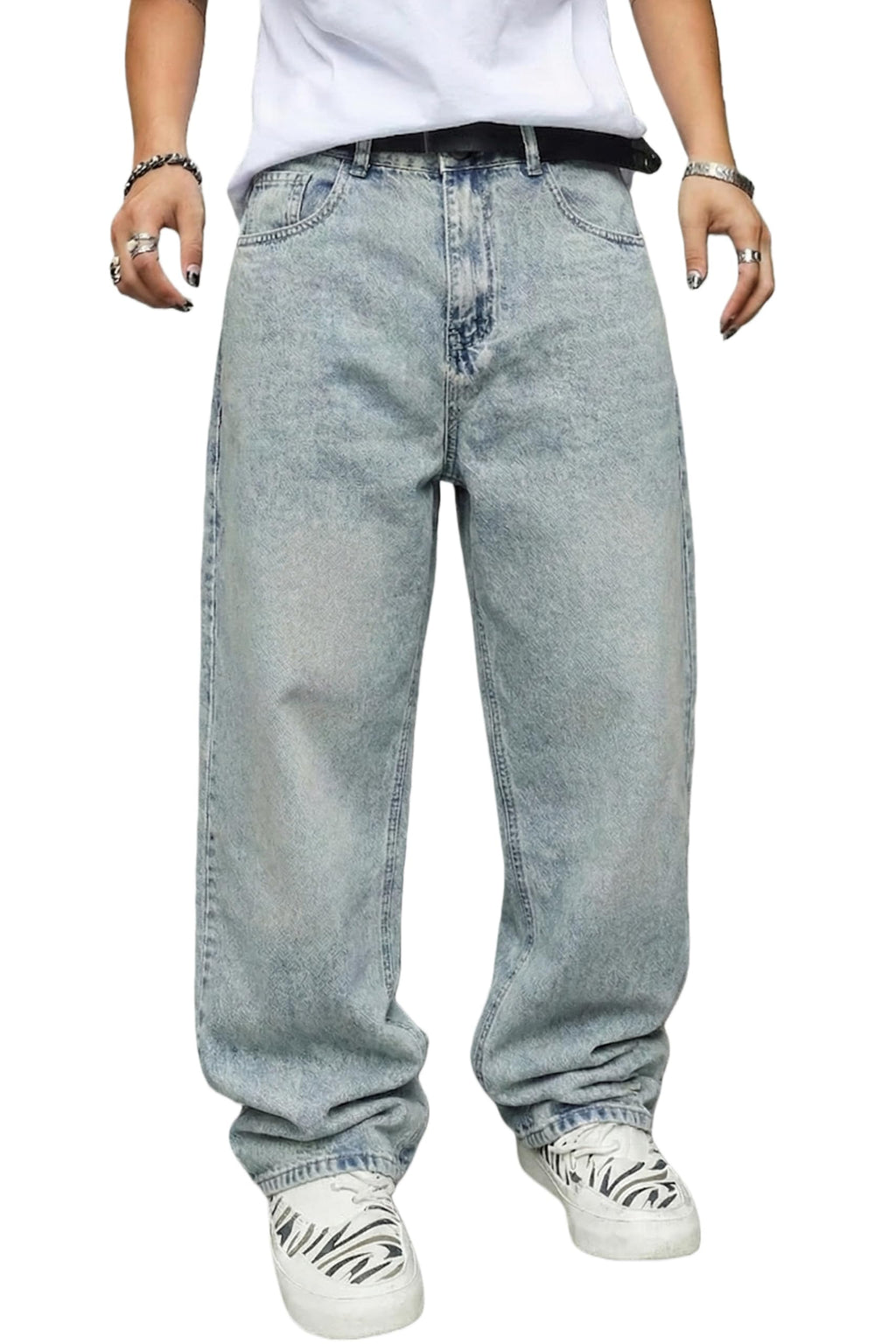 MZNBURAM Men's Non-Stretch Loose Fit Wide-Leg Baggy Jeans Pants