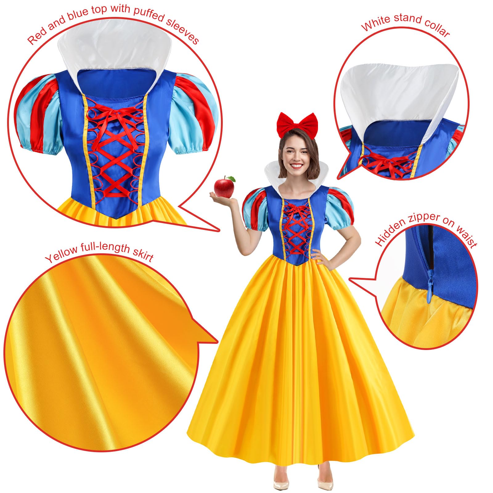 WISHTEN Princess Costume for Women,Adults Princess Dress with Headband, Halloween Costume Dress Up Outfit