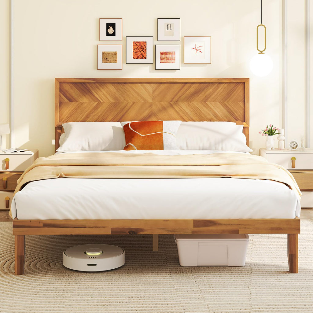 Giantex Wood Twin Bed Frames with Headboard, Solid Acacia Wood Platform Bed with 12 Strong Wooden Slat Support, Scandinavian Style Art Deco Twin Size Bed Frame, No Box Spring Needed, Rustic Brown