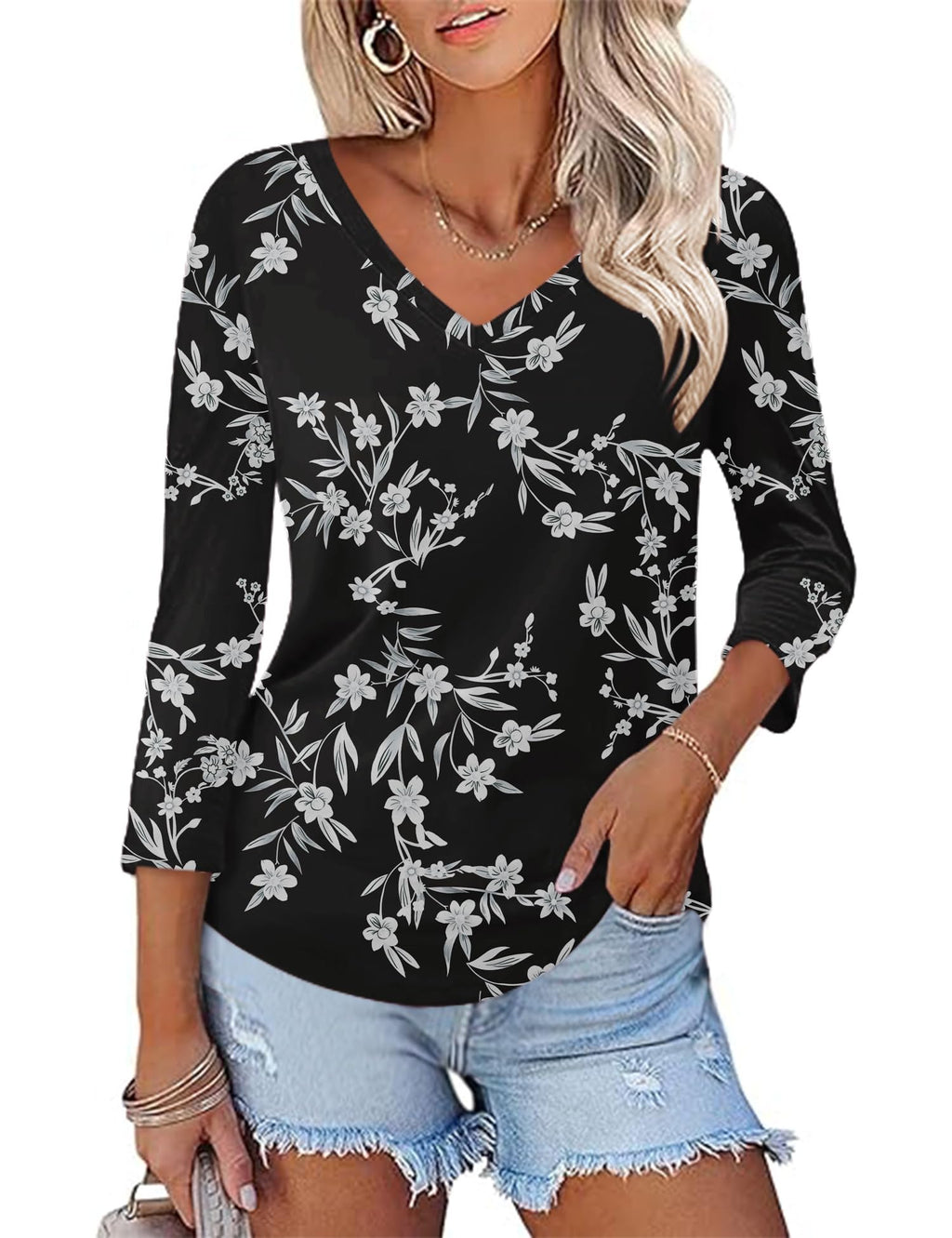 KTILG Women's V Neck T Shirts 3/4 Sleeve Blouse Summer Tops Dressy Casual Solid Basic Tees