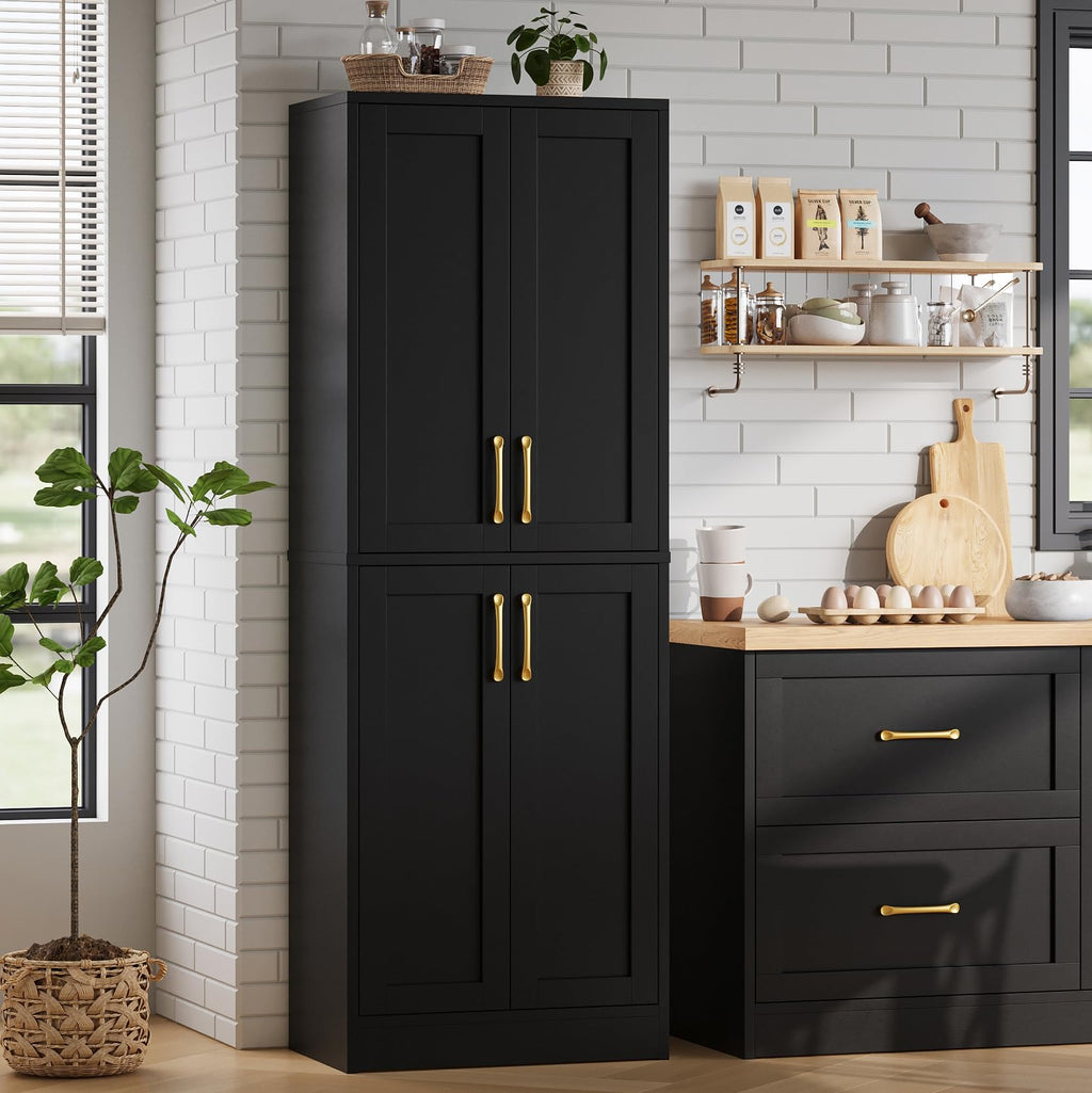 Pantry - Kitchen Pantry Cabinet with 4 Doors and Adjustable Shelves, Tall Black Cabinet Freestanding Storage Cupboard for Dining Room Living Room, Laundry, Bathroom (Black)